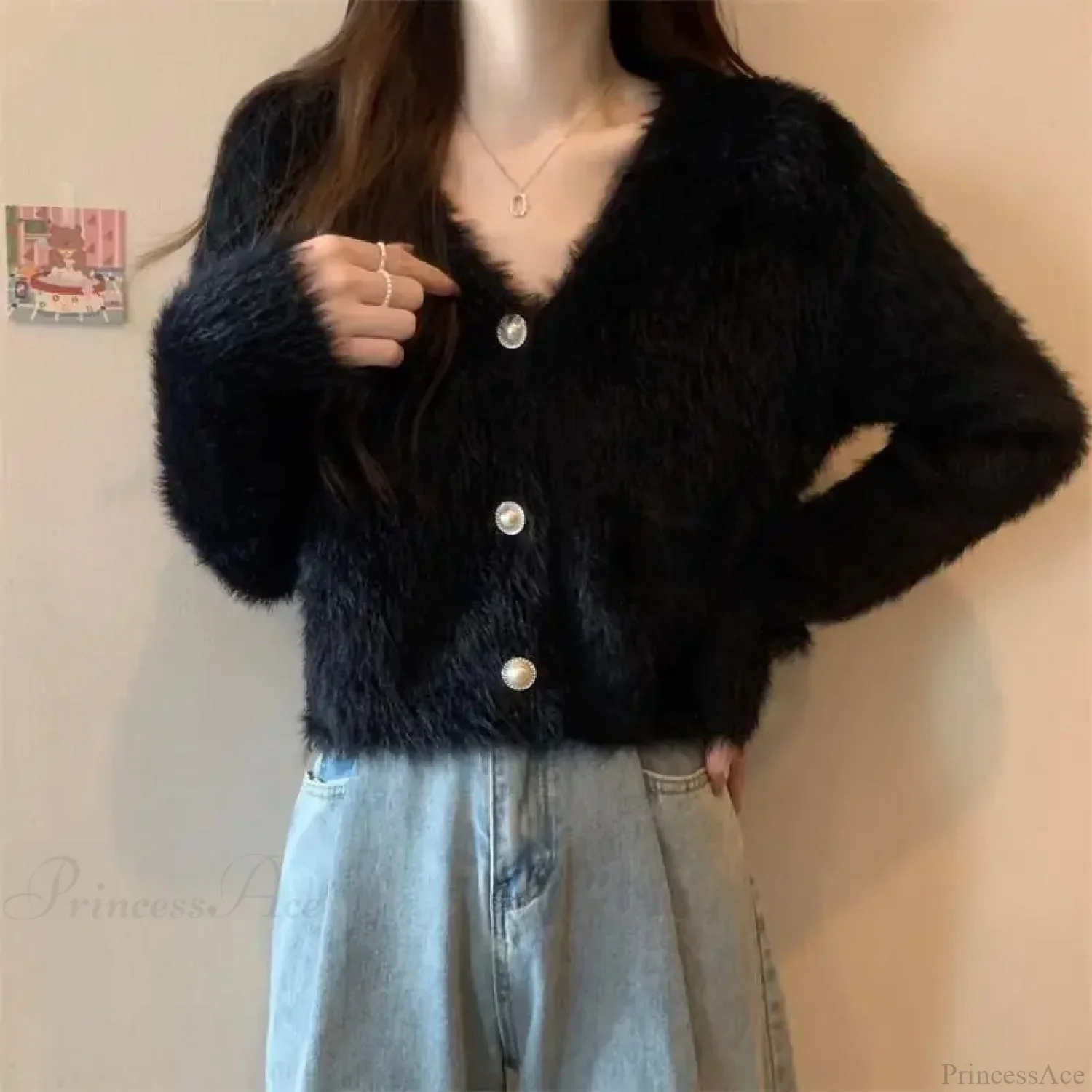 Lantern Sleeve V-Neck Solid Button-Up Knit Cardigan Coat - Image 4