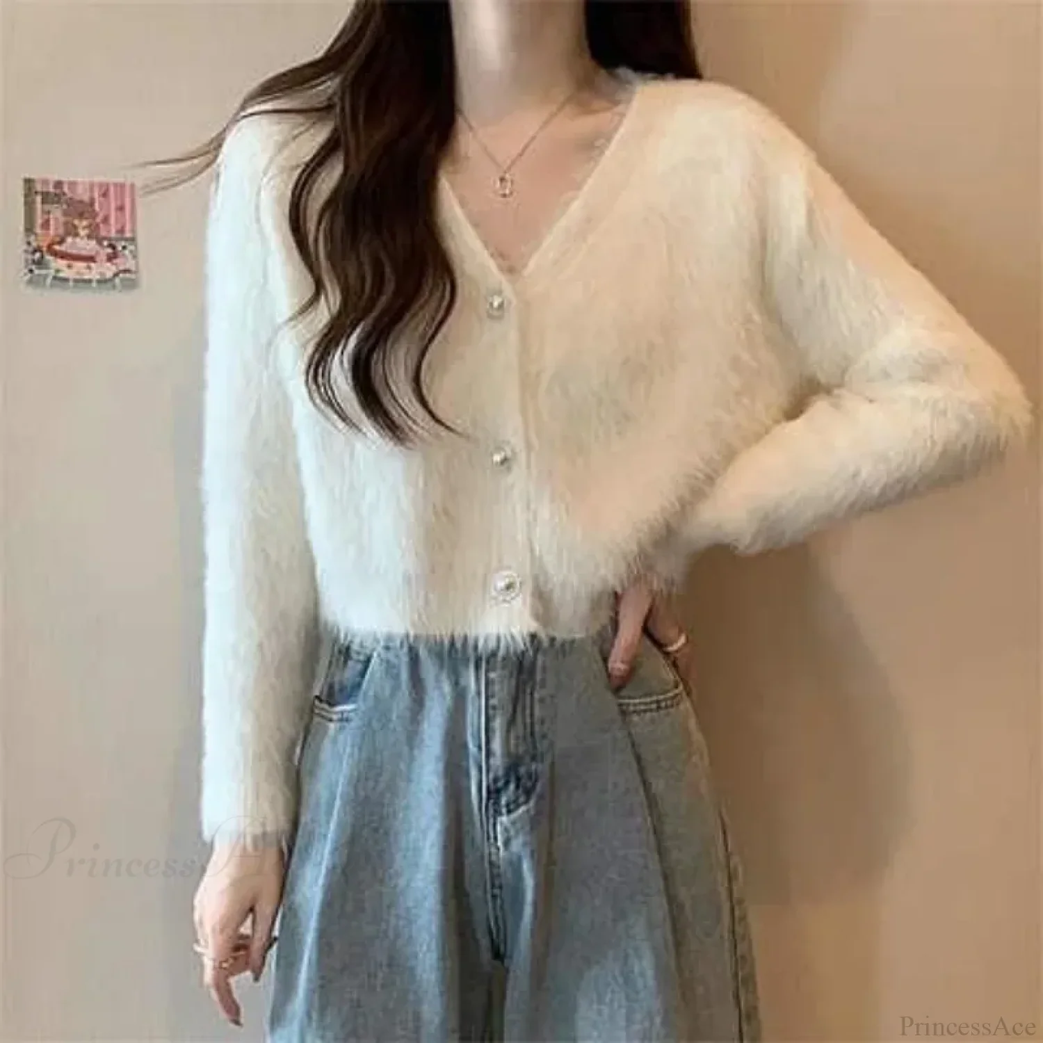 Lantern Sleeve V-Neck Solid Button-Up Knit Cardigan Coat - Image 5