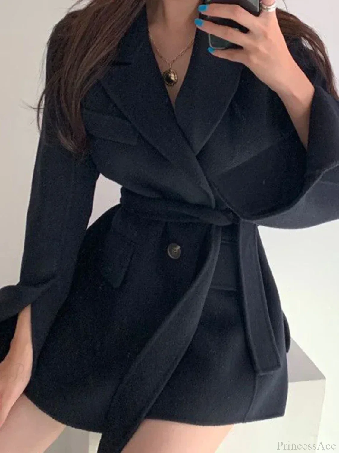 Lapel Belted Spliced Pockets Overcoat - Image 2