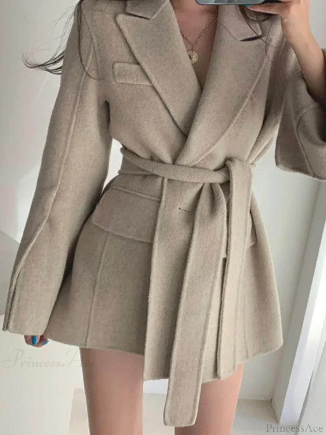 Lapel Belted Spliced Pockets Overcoat - Image 3