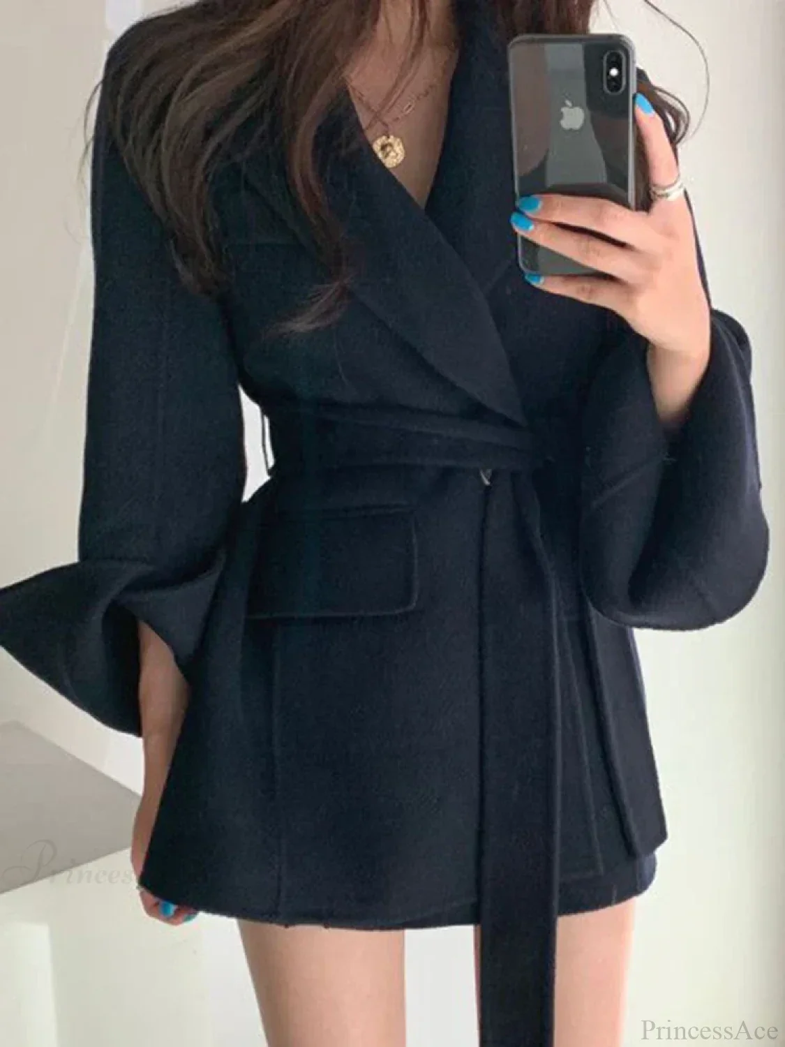 Lapel Belted Spliced Pockets Overcoat - Image 4