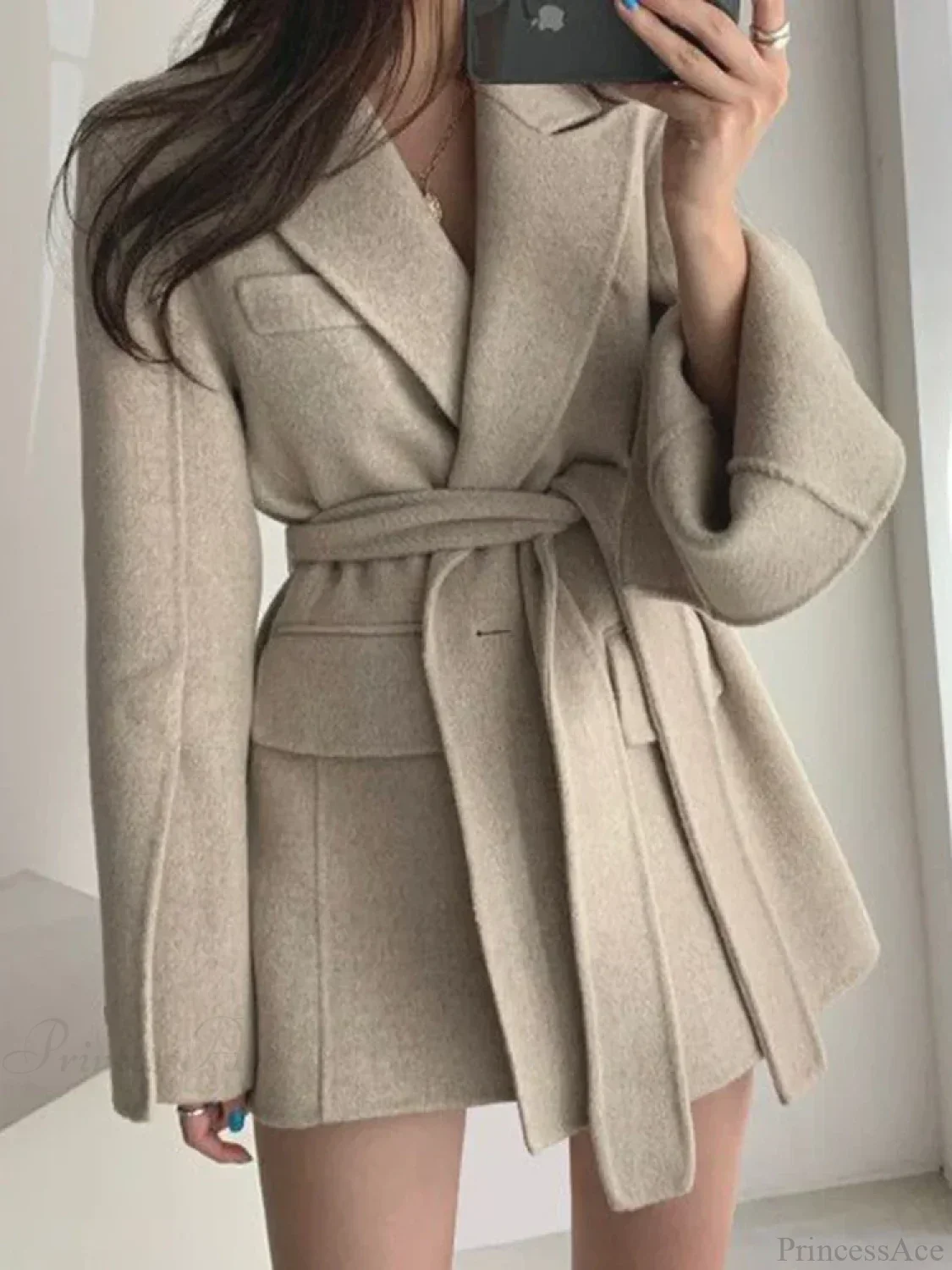 Lapel Belted Spliced Pockets Overcoat - Image 6