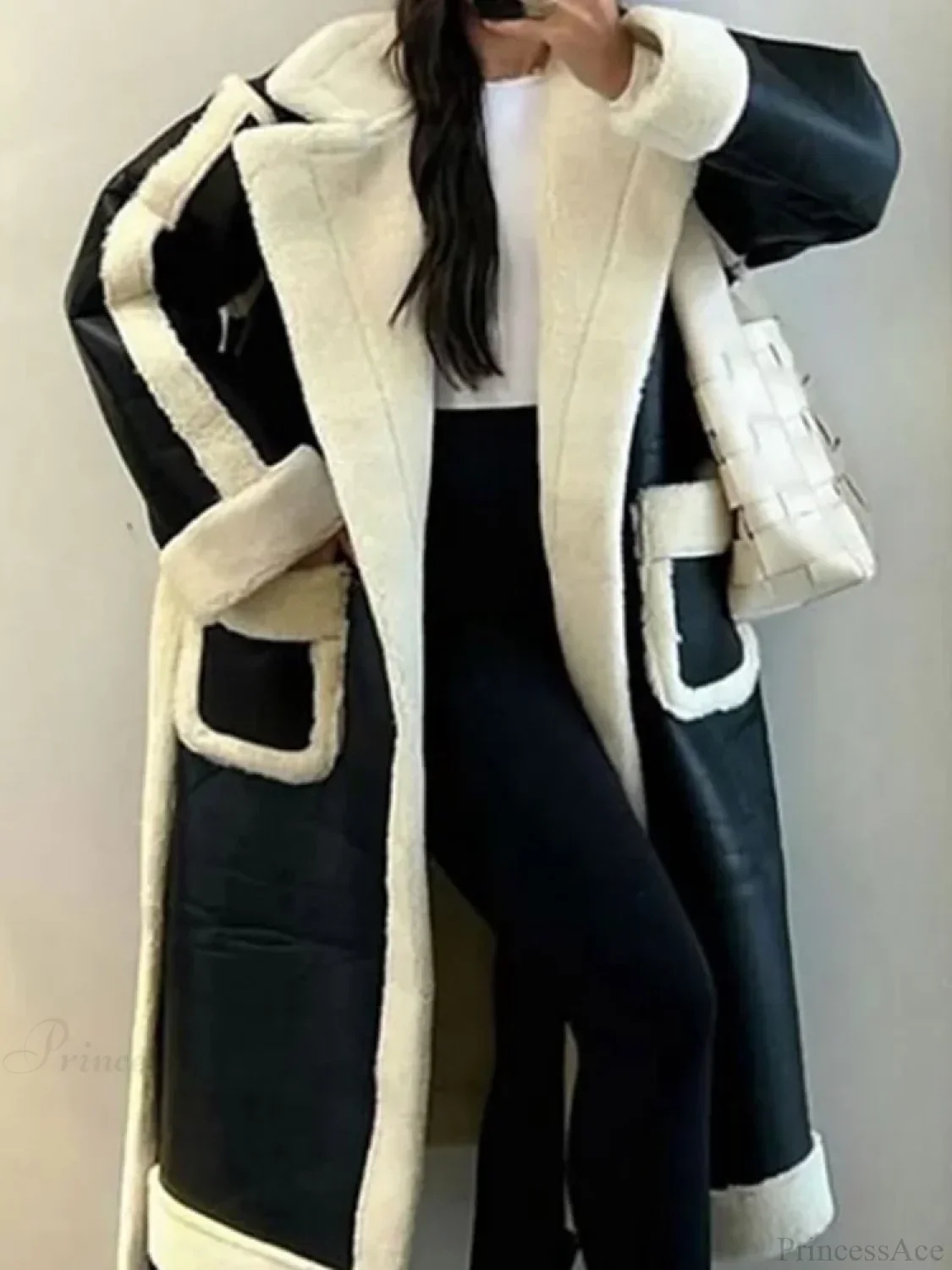 Lapel Contrast Leather Loose Coat - Image 3
