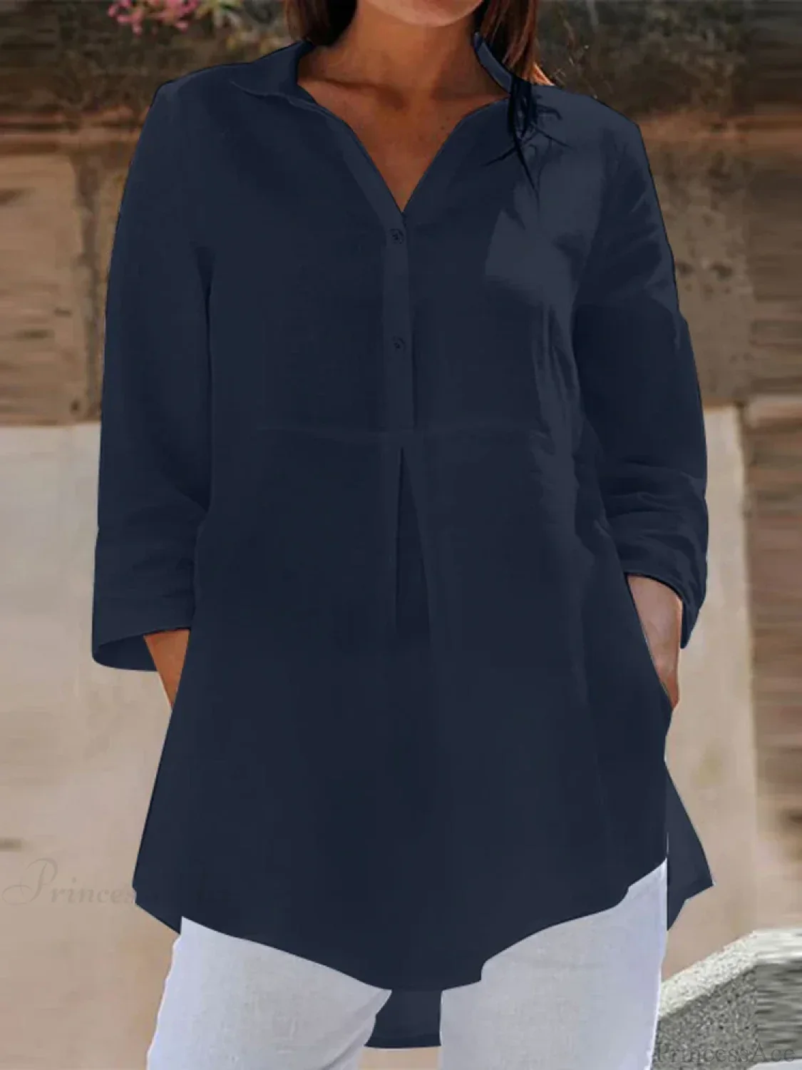 Lapel Neck 3/4 Sleeve Casual Loose Button Blouse - Image 4