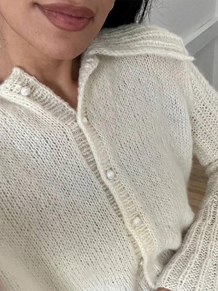 Lapel Pearl Single-breasted Cardigan - Image 2