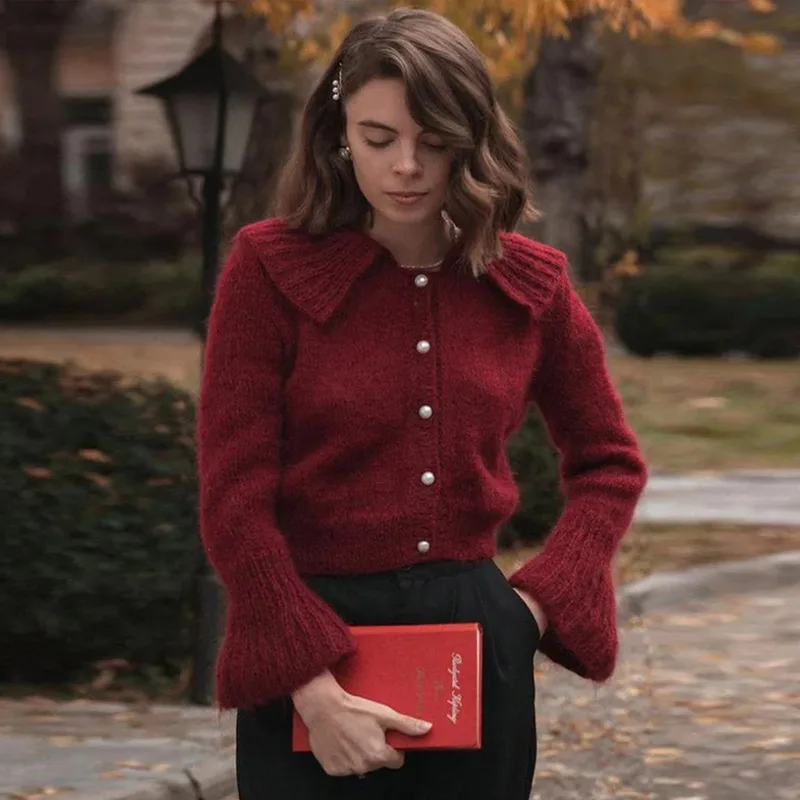 Lapel Pearl Single-breasted Cardigan - Image 4