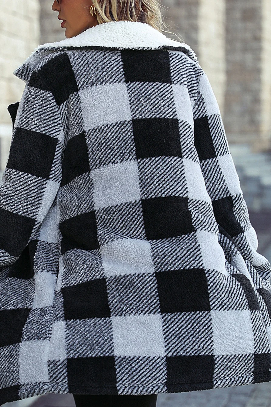 Lapel Plaid Open Front Coat - Image 4