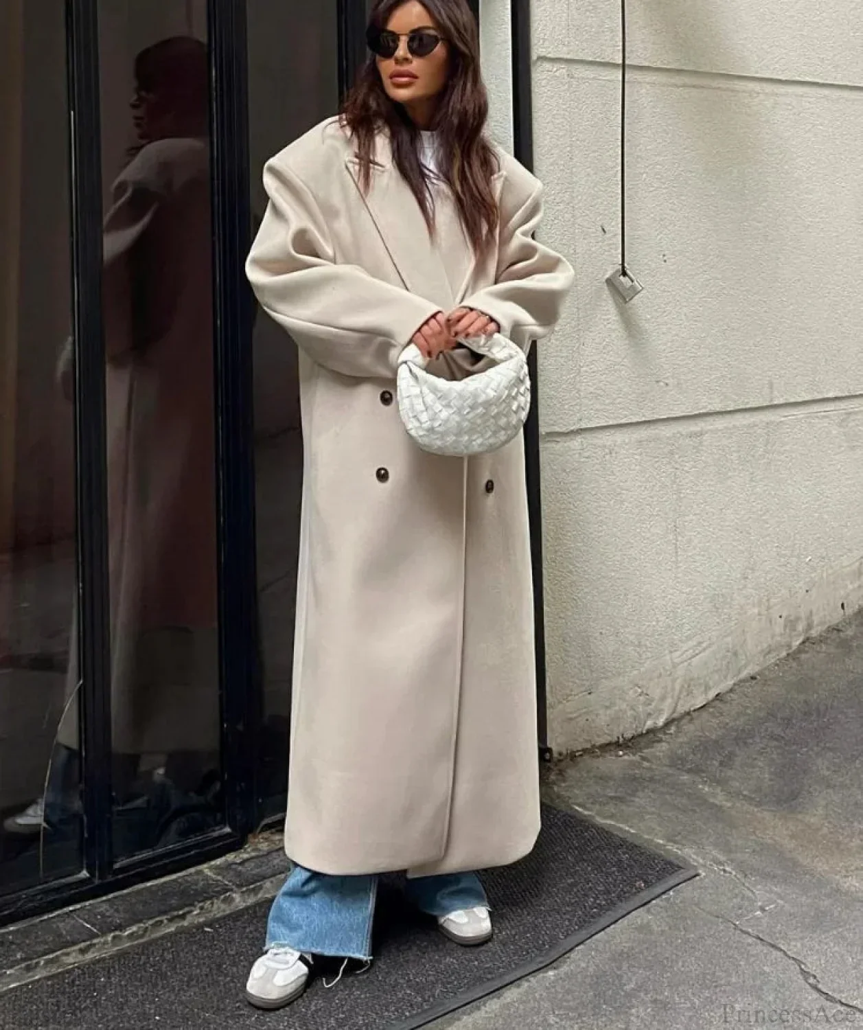 Lapel Woolen Double-Breasted Shoulder Pad Overcoat - Image 3