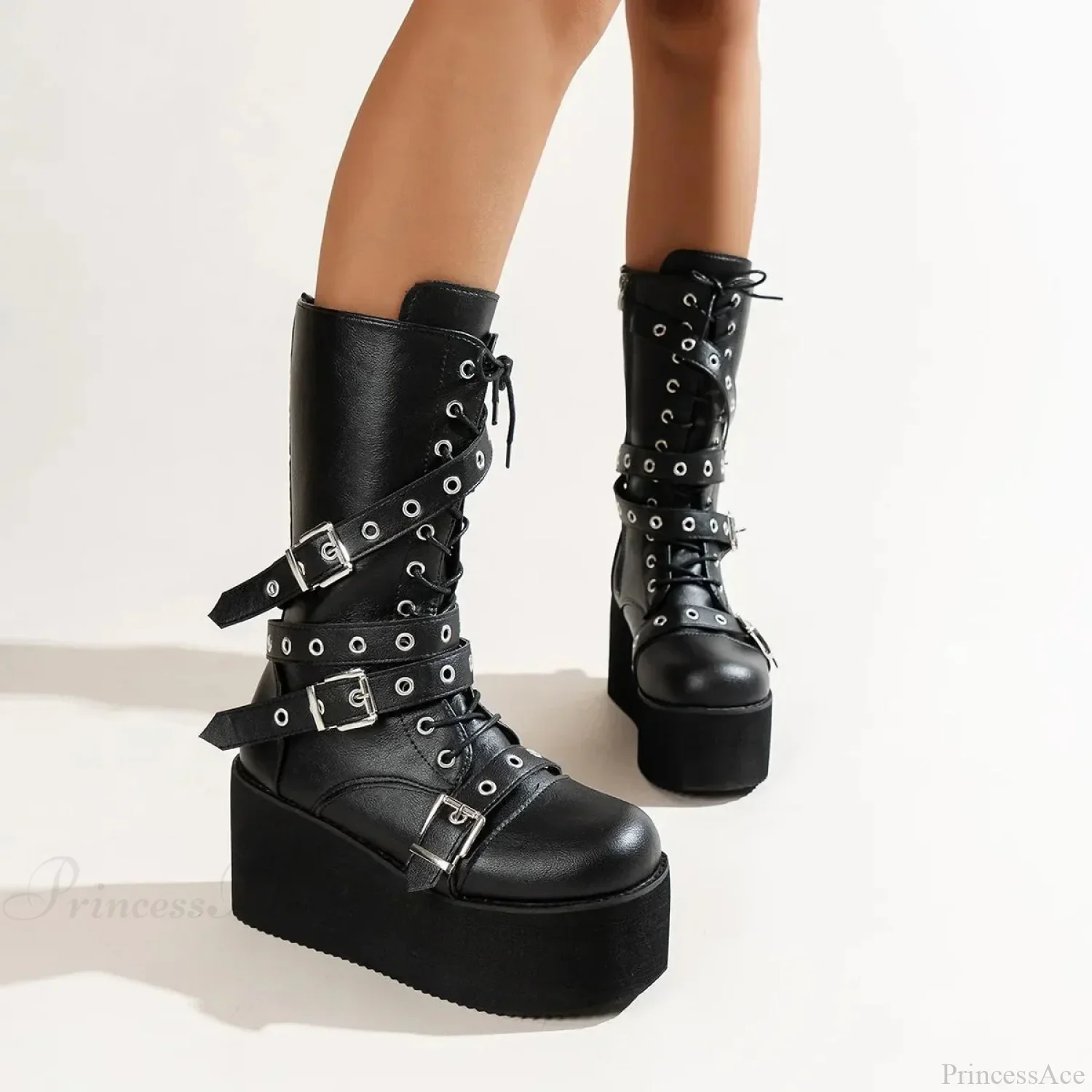 Large Size Women Tie Up Buckle Elevated Gothic Boot - Image 2