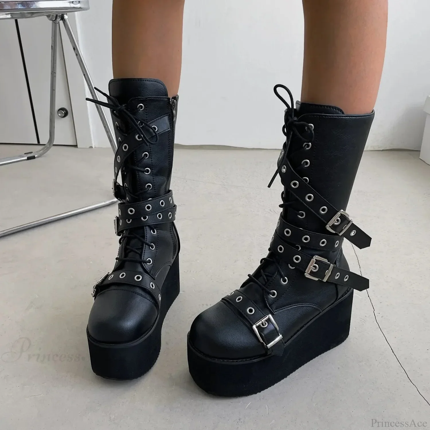 Large Size Women Tie Up Buckle Elevated Gothic Boot - Image 5