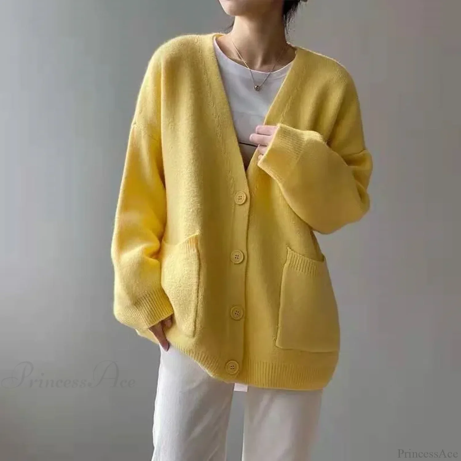 Lazy Wind Yellow Single-Breasted Knit Cardigan - Image 12