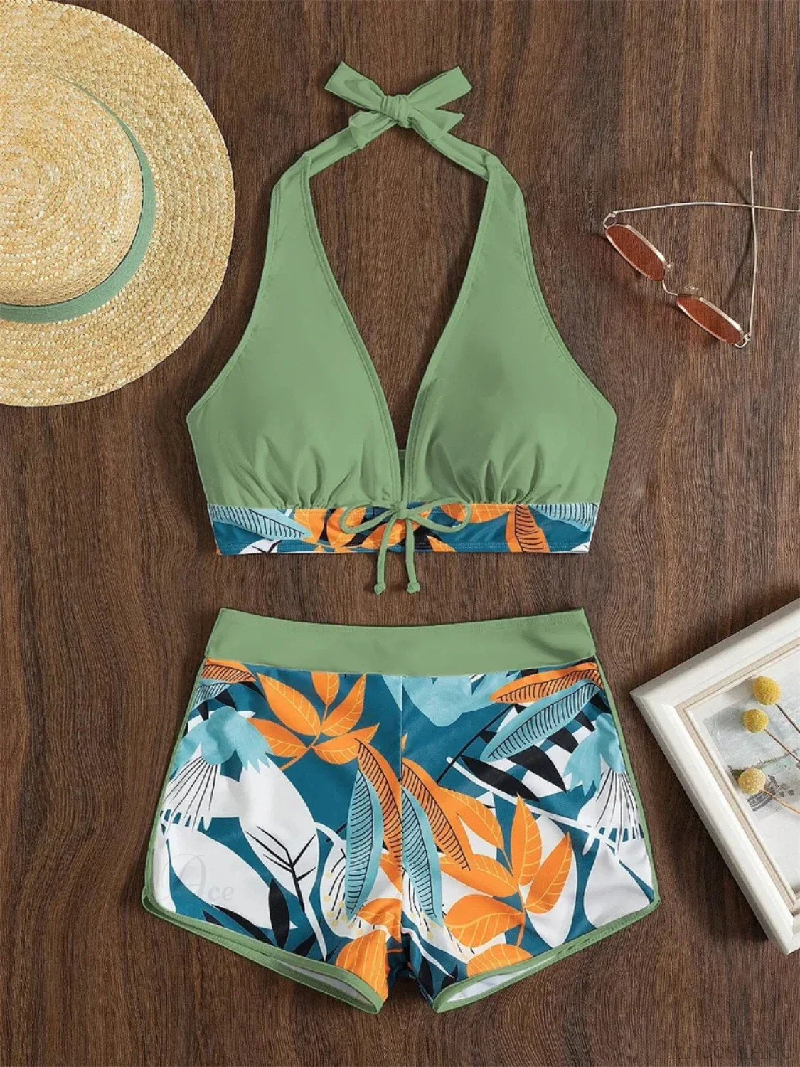 Leaf Print Knot Front Halter Two Piece Set - Image 11