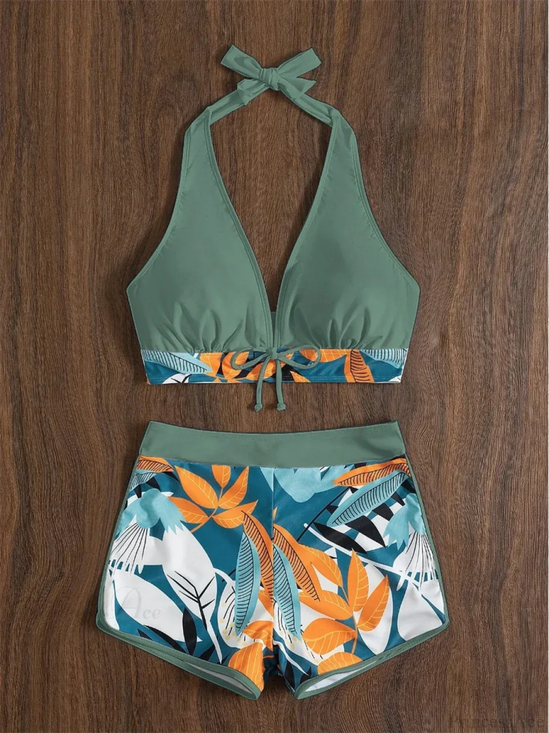 Leaf Print Knot Front Halter Two Piece Set - Image 12
