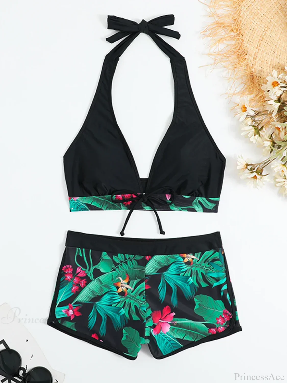 Leaf Print Knot Front Halter Two Piece Set - Image 15