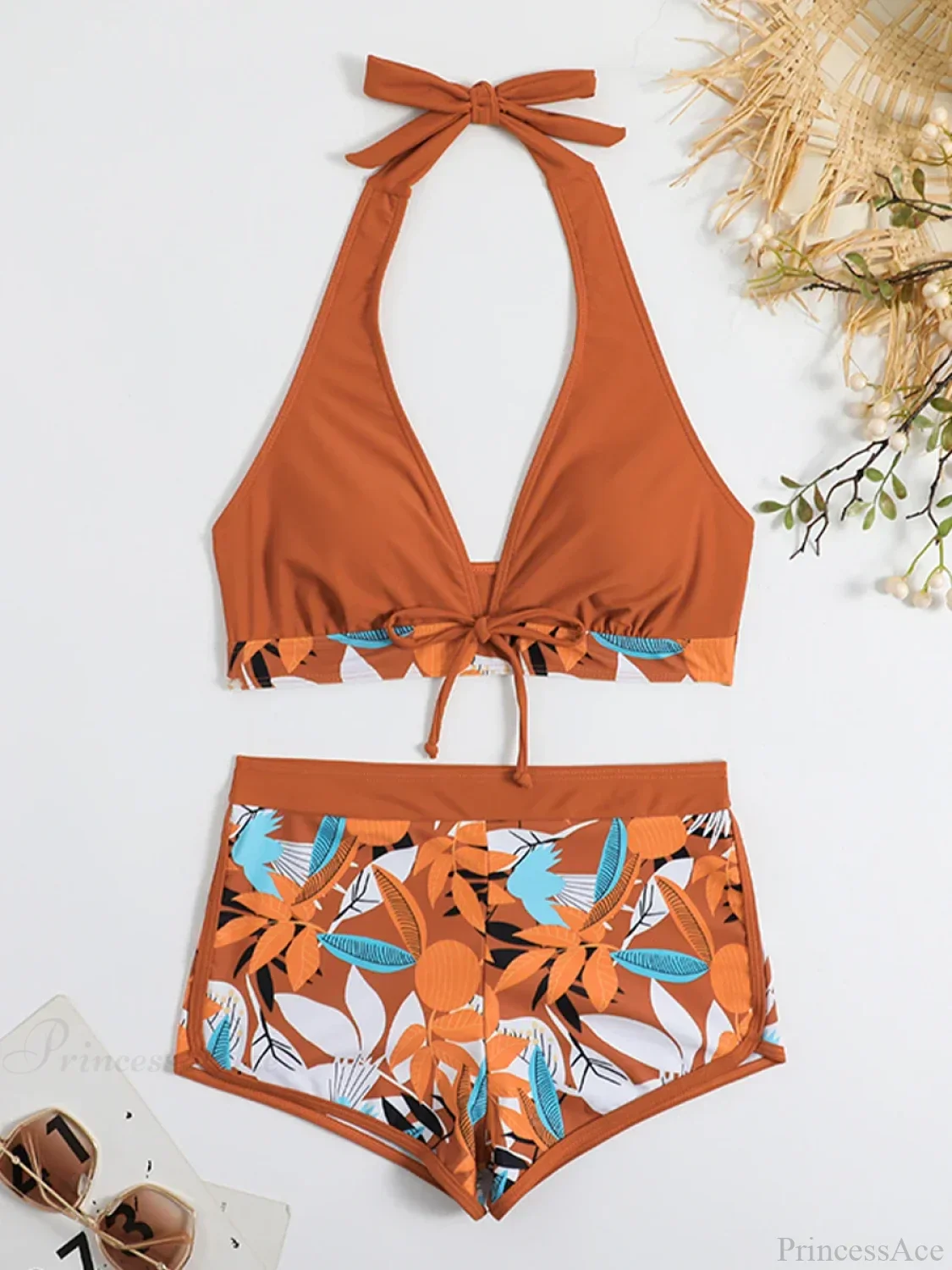 Leaf Print Knot Front Halter Two Piece Set - Image 7