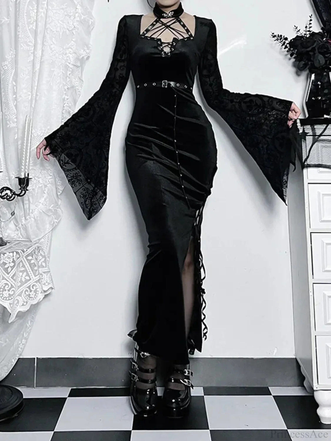 Leather Cord Sleeve Tall Waist Full-Length Dress - Image 5