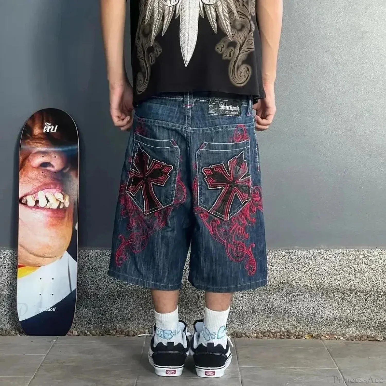 Leather Patch Embroidery Denim Short