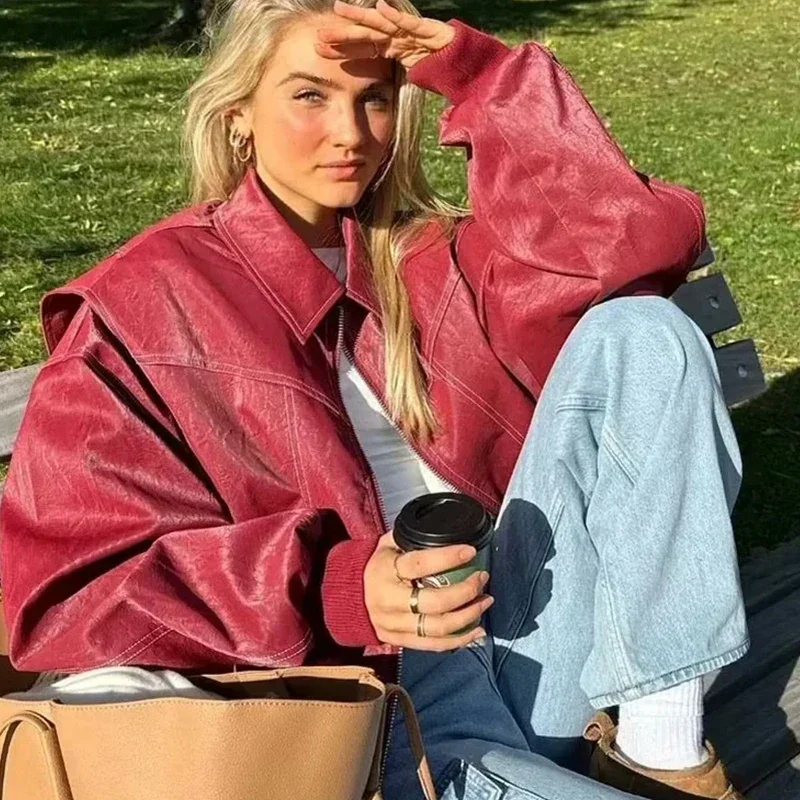 Leather Streetwear Red Coat - Image 3