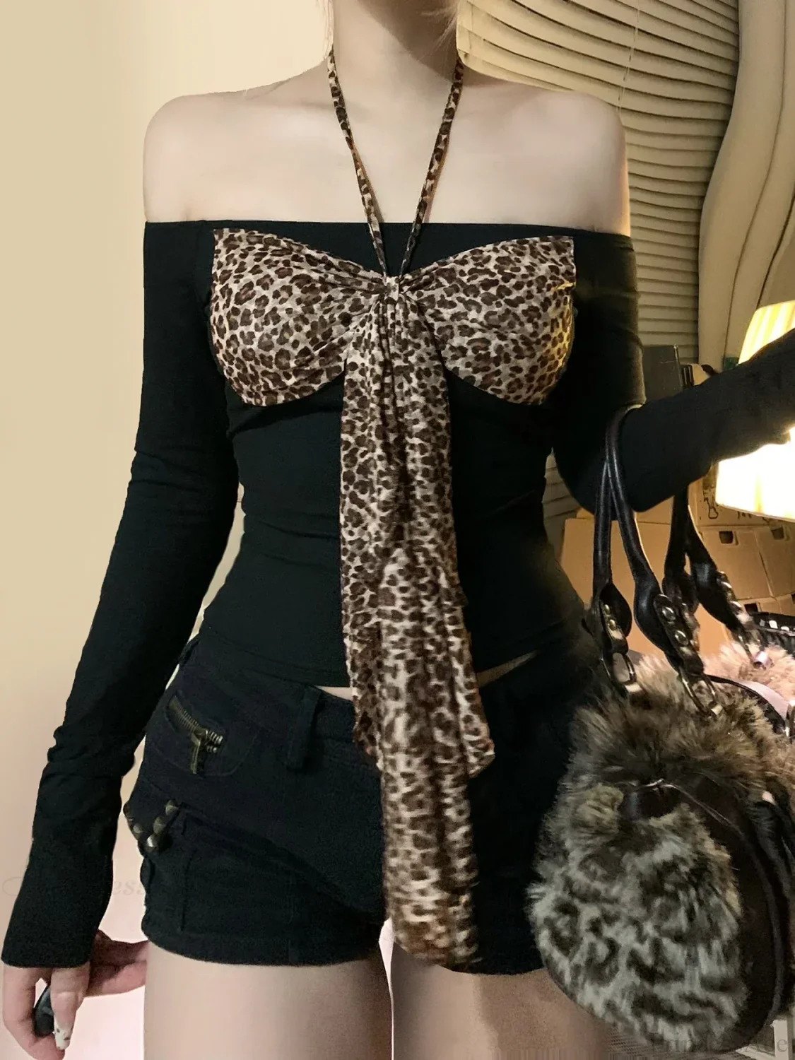 Leopard Bow Halter Knit Top - Image 6