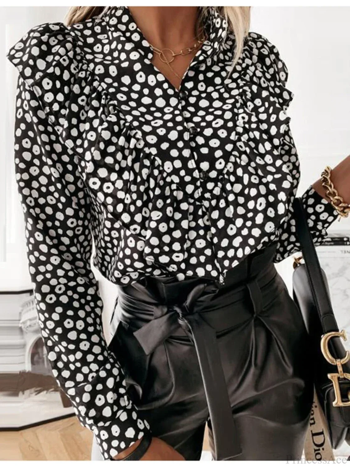 Leopard Dot Print Ruffle V Neck Blouse - Image 11