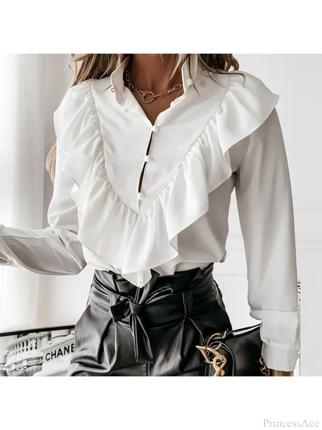 Leopard Dot Print Ruffle V Neck Blouse - Image 12