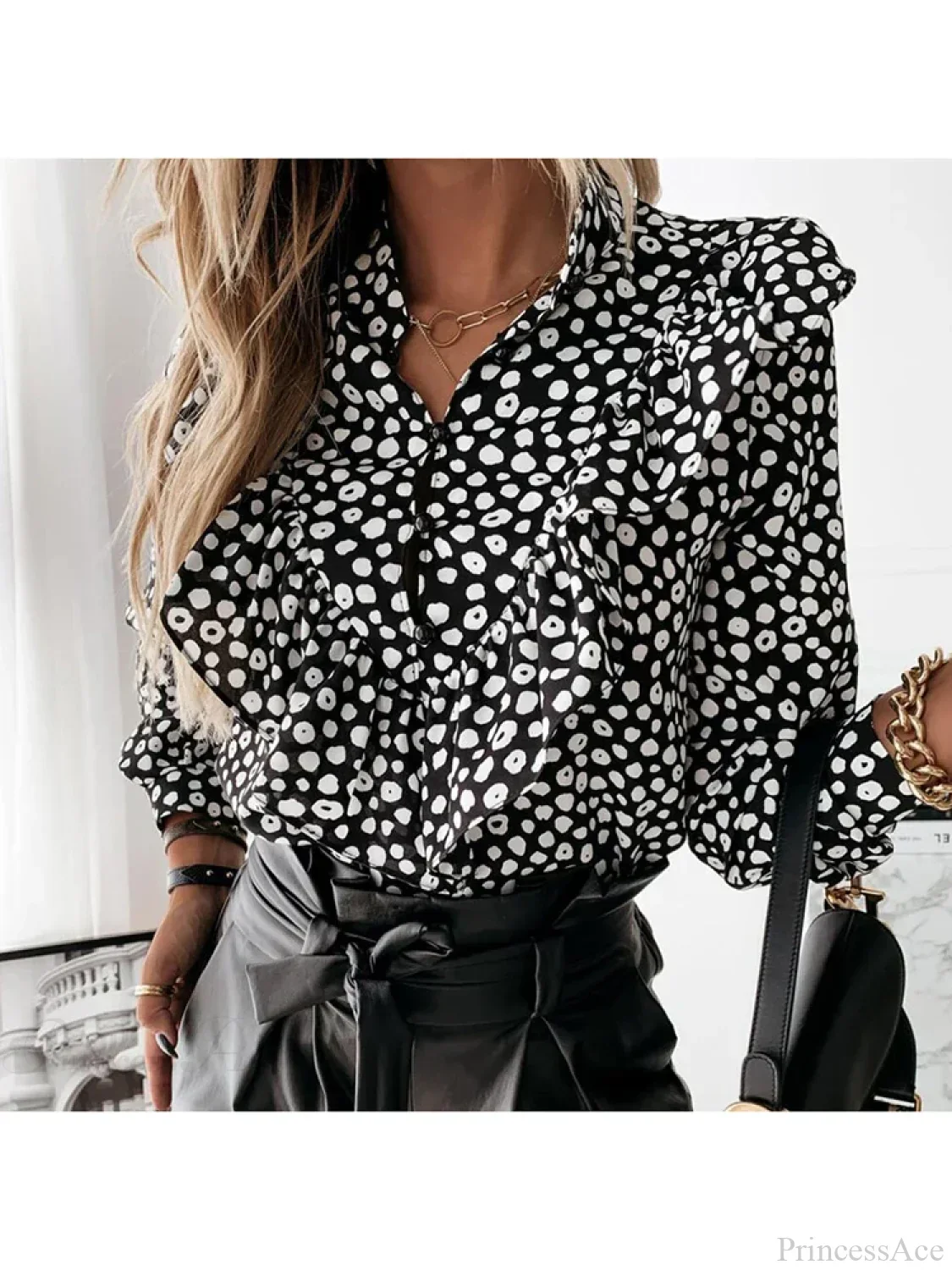 Leopard Dot Print Ruffle V Neck Blouse - Image 5