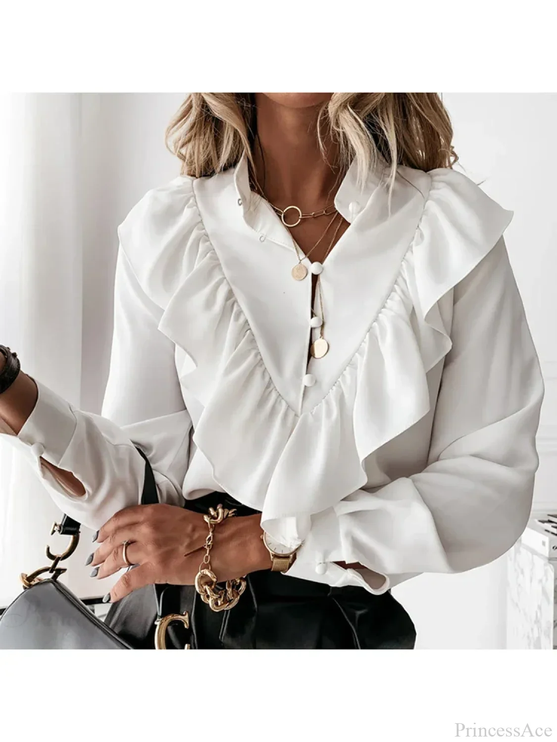 Leopard Dot Print Ruffle V Neck Blouse - Image 6