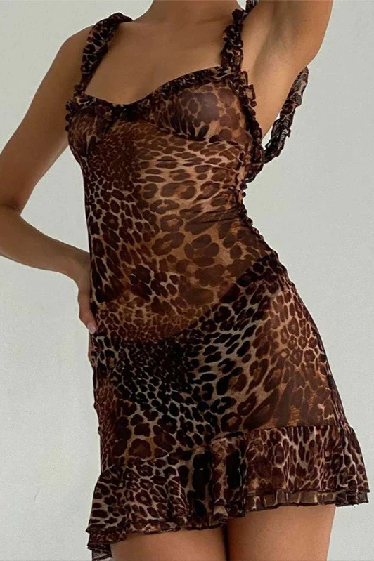 Leopard Mesh V Neck Backless Cami Mini Dress - Image 2