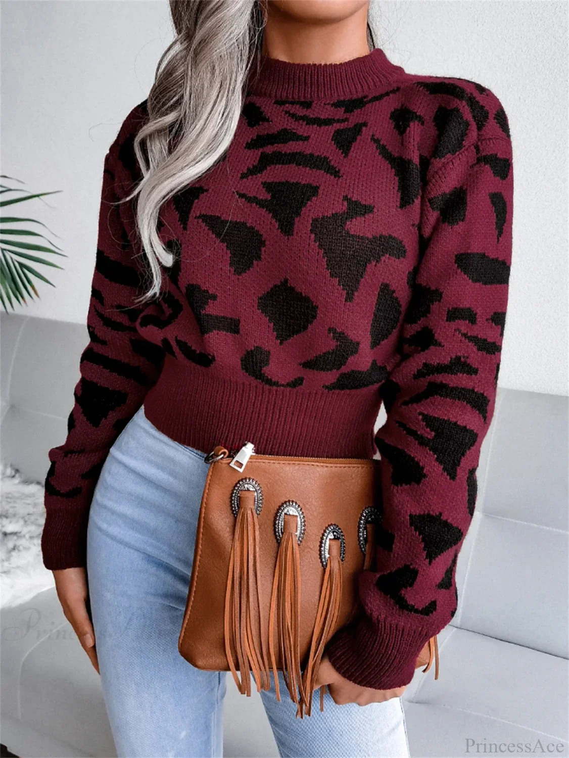 Leopard Pattern Waist Collection Round Neck Sweater - Image 6