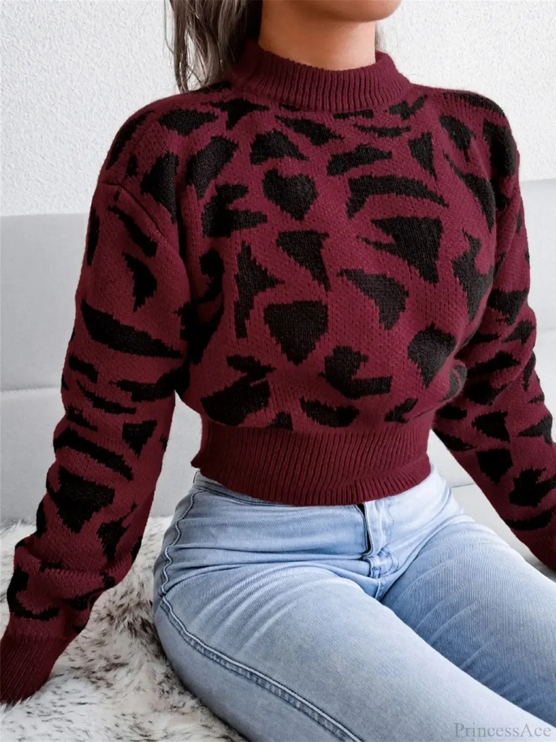 Leopard Pattern Waist Collection Round Neck Sweater - Image 8
