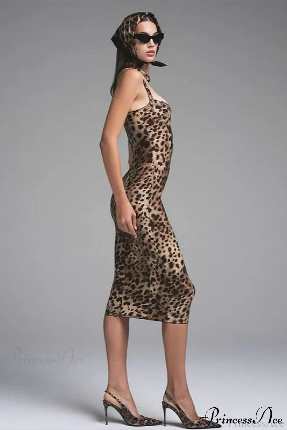 Leopard Print Bodycon Spaghetti Midi Dress - Image 2
