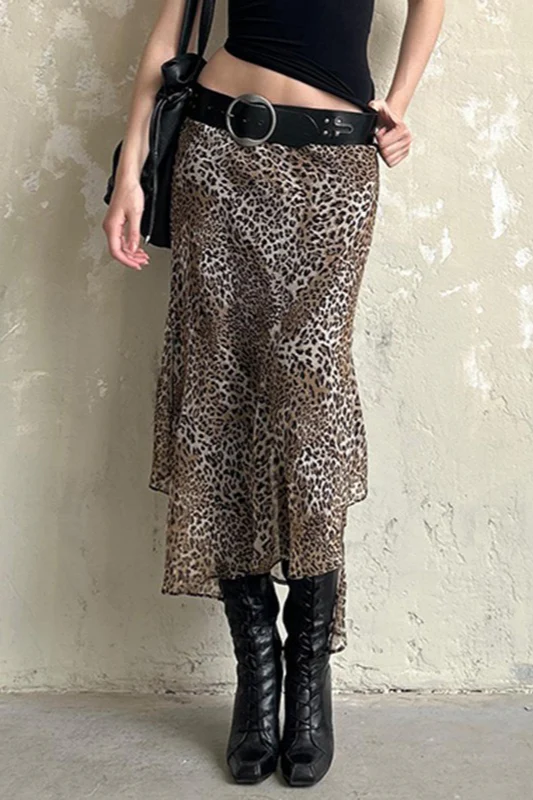 Leopard Print Double-Layer Tulle Asymmetrical Skirt