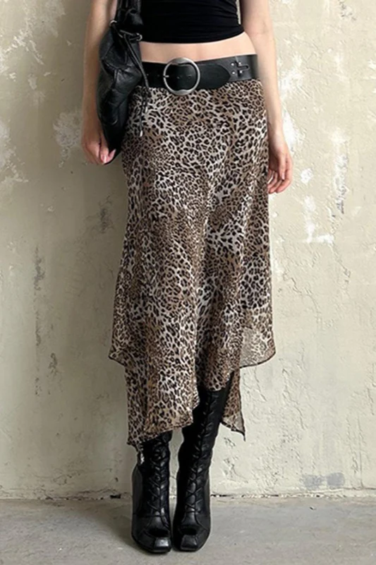Leopard Print Double-Layer Tulle Asymmetrical Skirt - Image 3