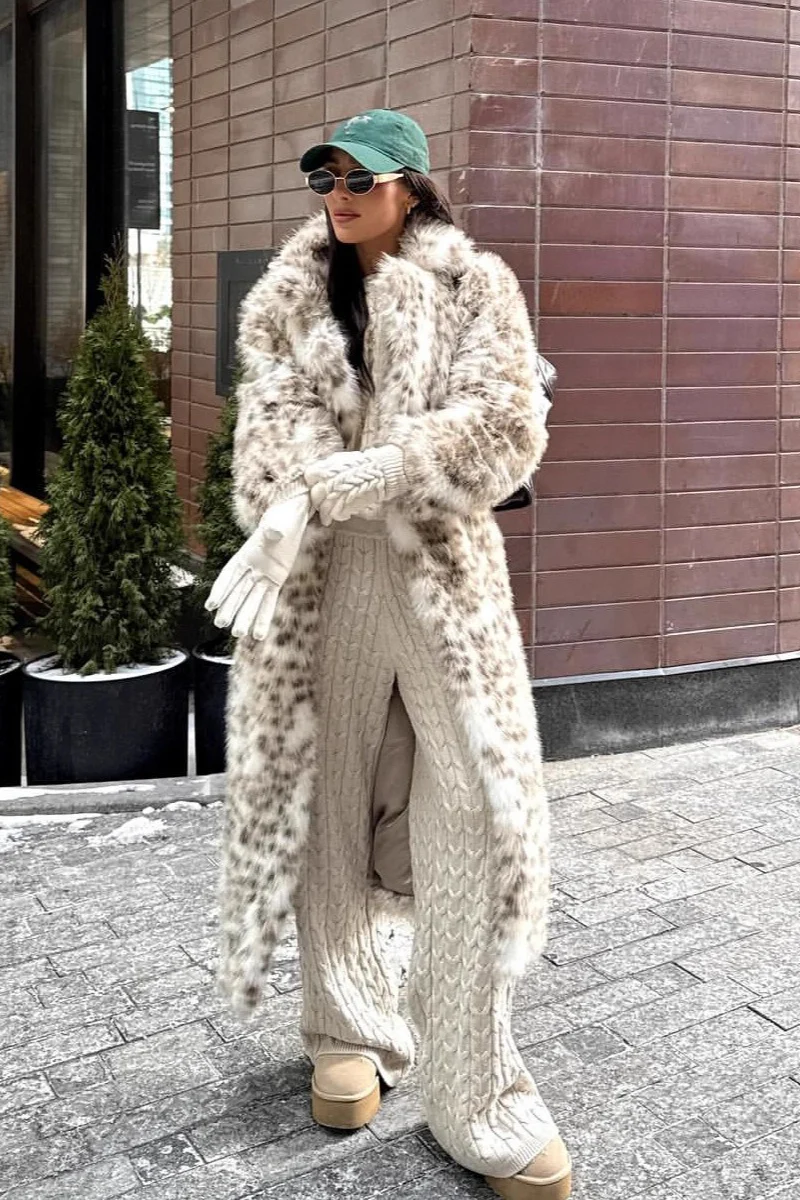 Leopard Print Faux Mink Fur Eco Long Blazer Collar Overcoat - Image 3