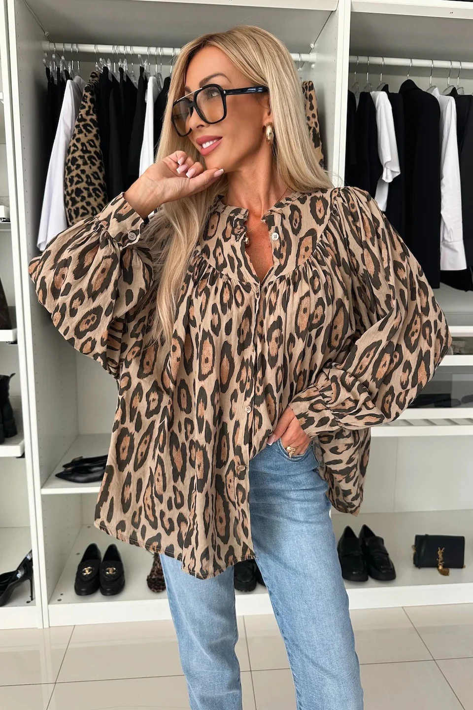 Leopard Print Loose Fit Long Sleeve Blouse - Image 2