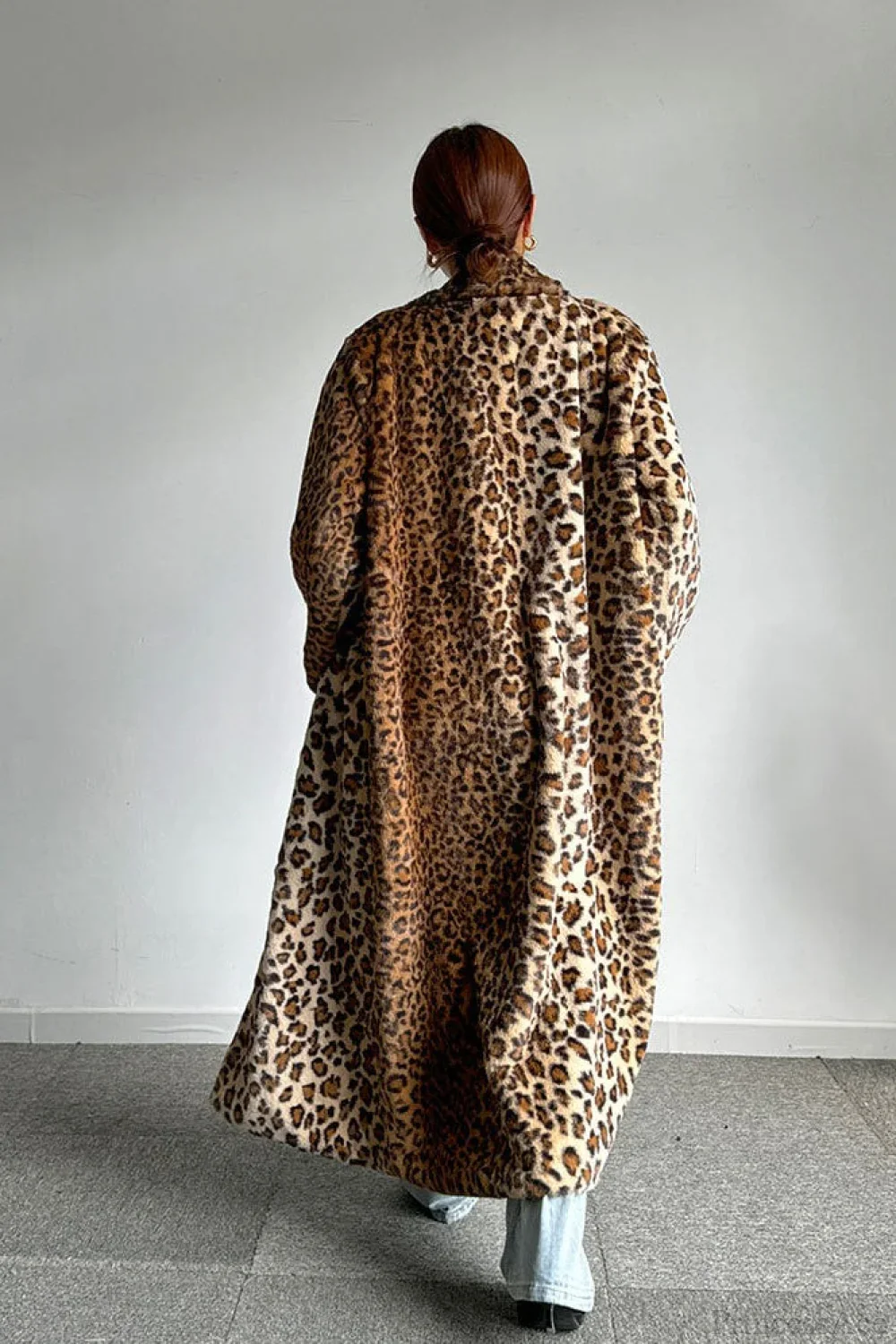 Leopard Print Notched Collar Longline Faux Fur Overcoat - Image 5