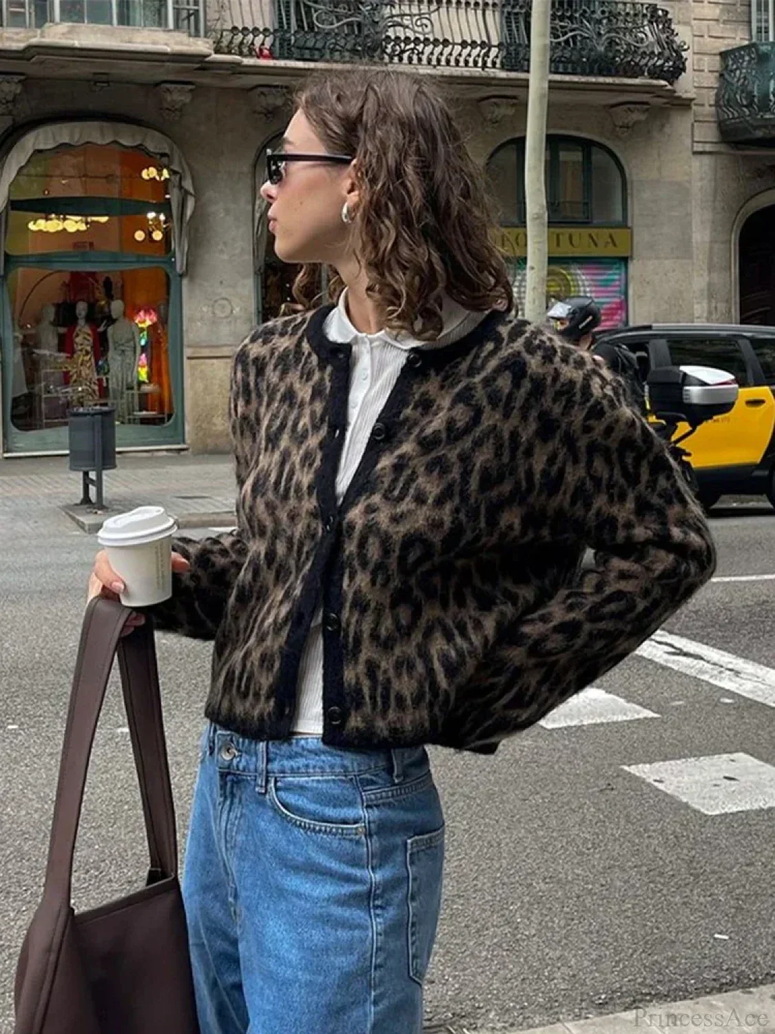 Leopard Print Round Neck Mohair Cardigan - Image 3