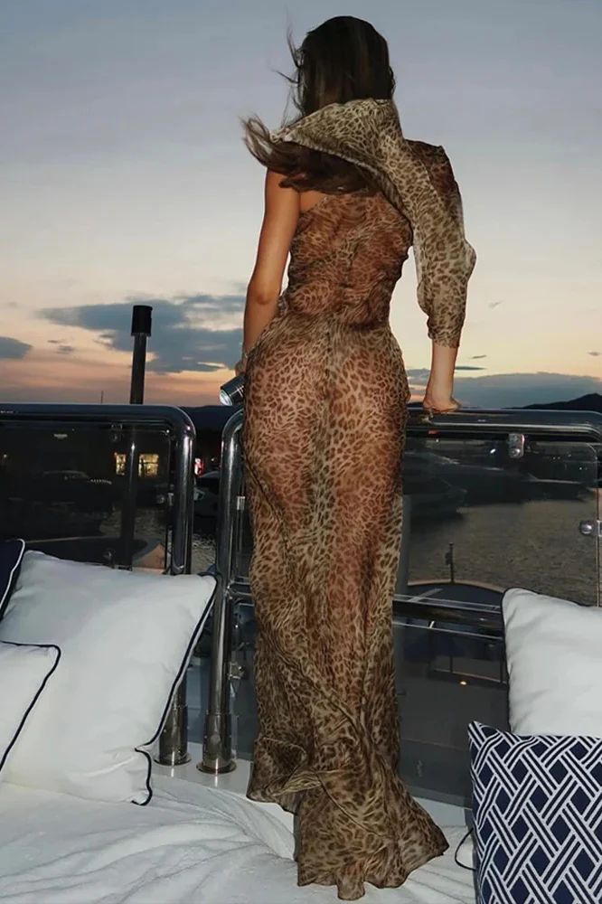 Leopard Print Sexy Spice Girl Slanted Shoulder Maxi Dress - Image 5