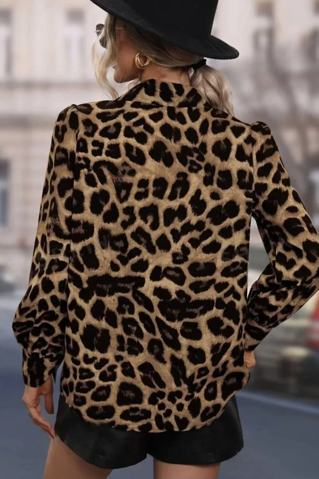 Leopard Print Slim Fit Bubble Sleeve Blouse - Image 3