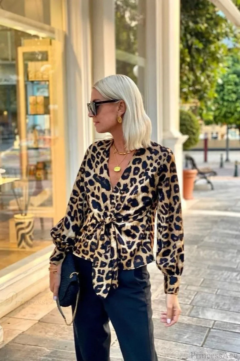 Leopard Print V-Neck Tie Long Sleeve Blouse - Image 2