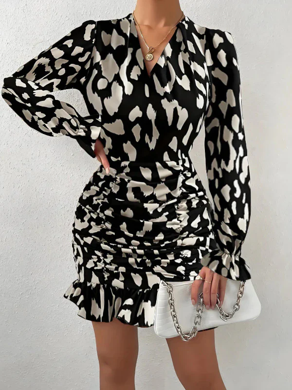 Leopard Print V-neck Tie Waist Bodycon Mini Dress Party Dress - Image 3