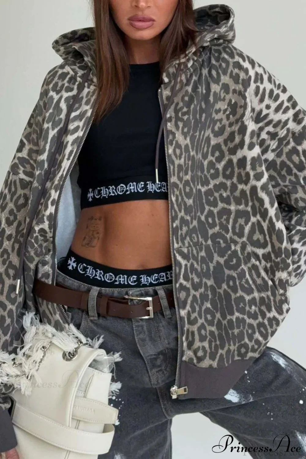Leopard Print Zip Color-Block Hoodie - Image 6
