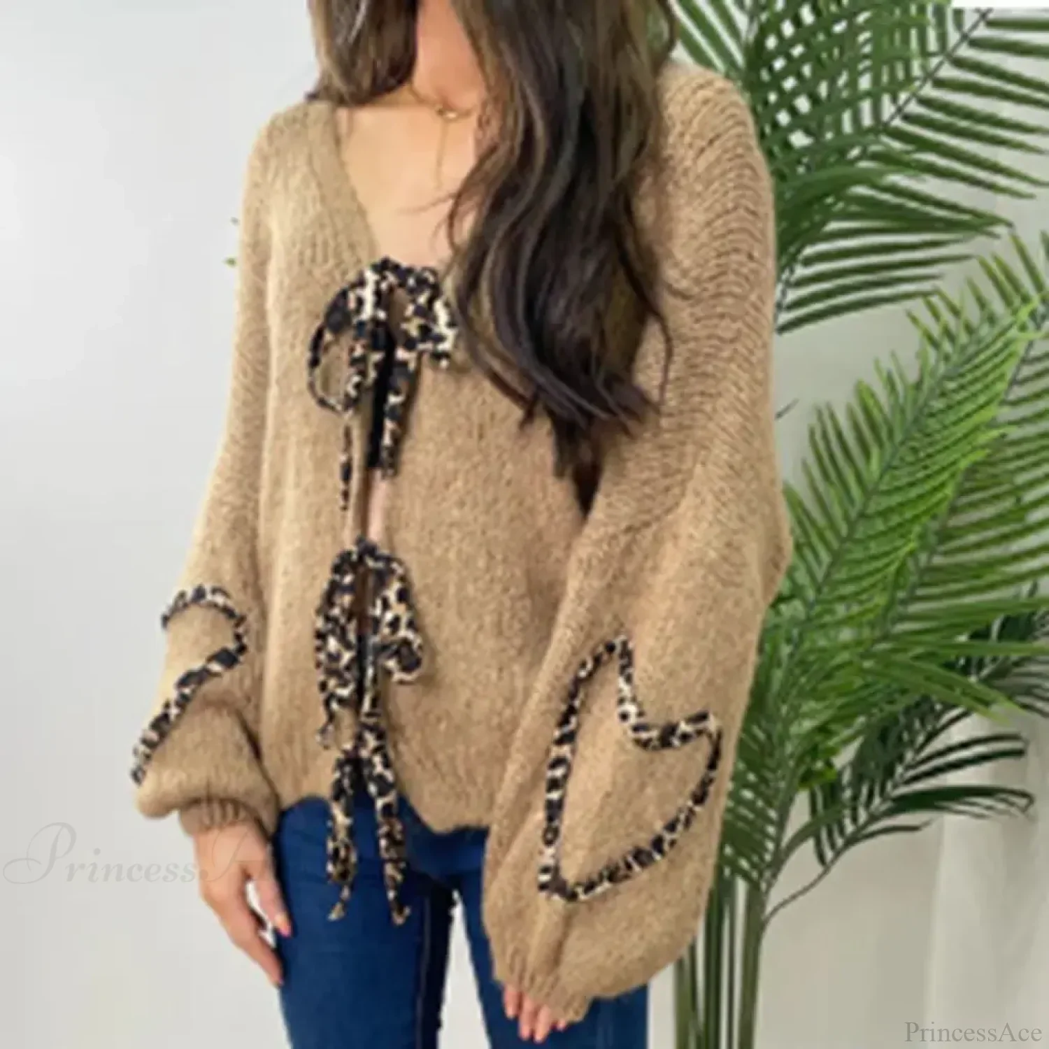 Leopard Ribbon Tie V-neck Cardigan - Image 2