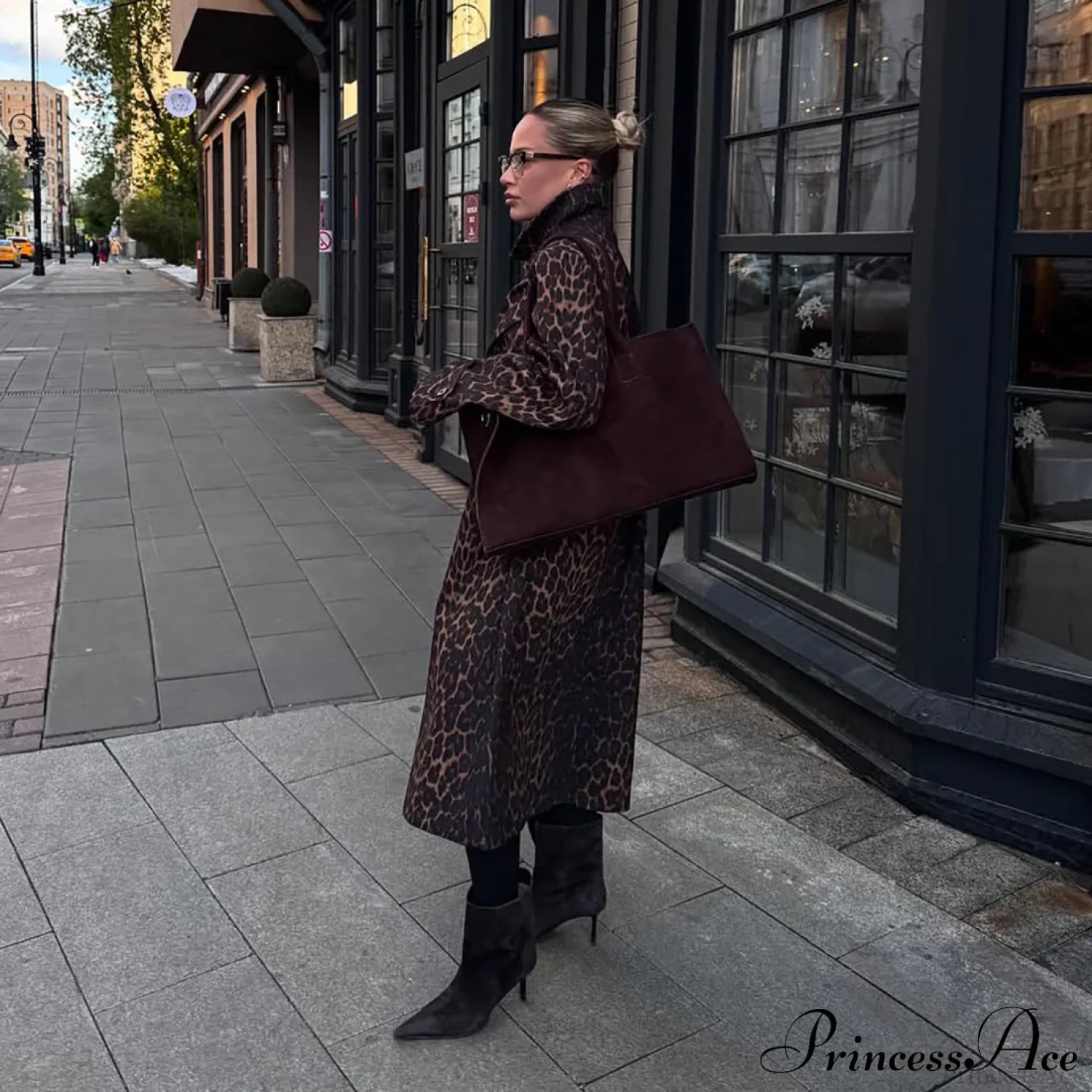 Leopard Stand Collar Stylish Long Overcoat - Image 4
