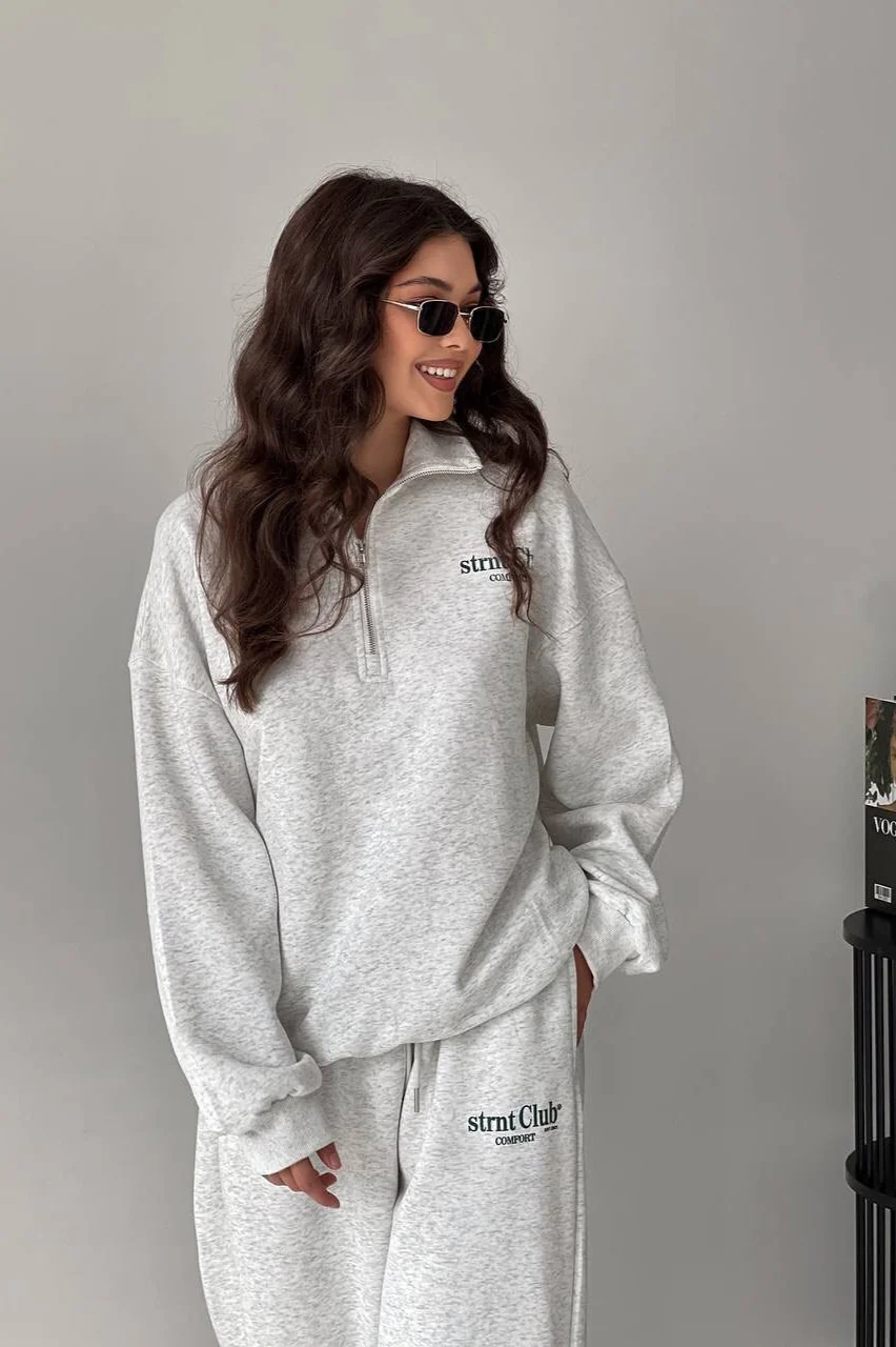 Letter Print Half-Zip Hoodie Loose Straight Pants Two Piece Set - Image 3