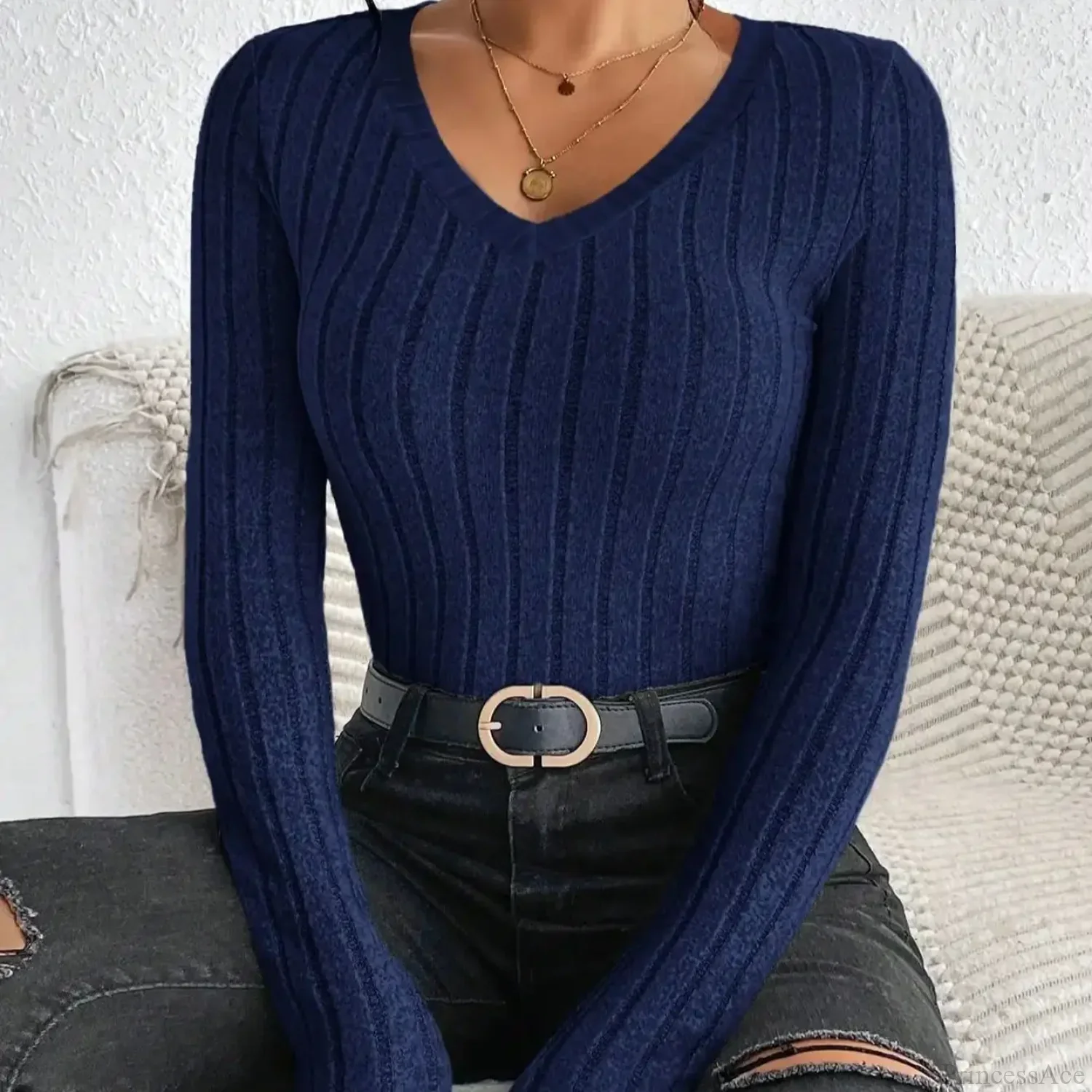 Light Luxury Simple Slim Comfortable V-Neck Pullover Top Women - Image 7