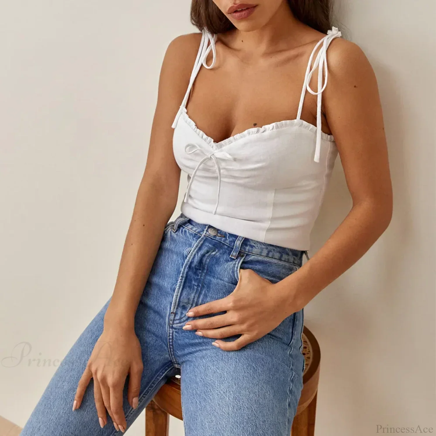 Linen Plaid Sweetheart Bow Tie Frill Spaghetti Strap Crop - Image 4
