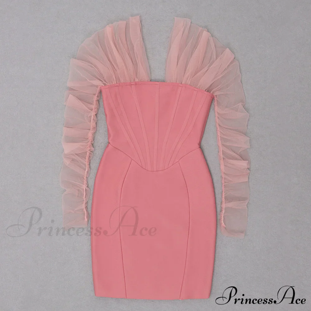 Long Arm Pink Warm-Season Sexy Bodycon Mesh Shoulder Bandage Backless Mini Women Off Dress - Image 8