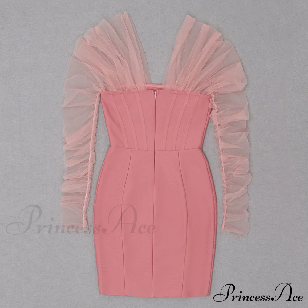 Long Arm Pink Warm-Season Sexy Bodycon Mesh Shoulder Bandage Backless Mini Women Off Dress - Image 9