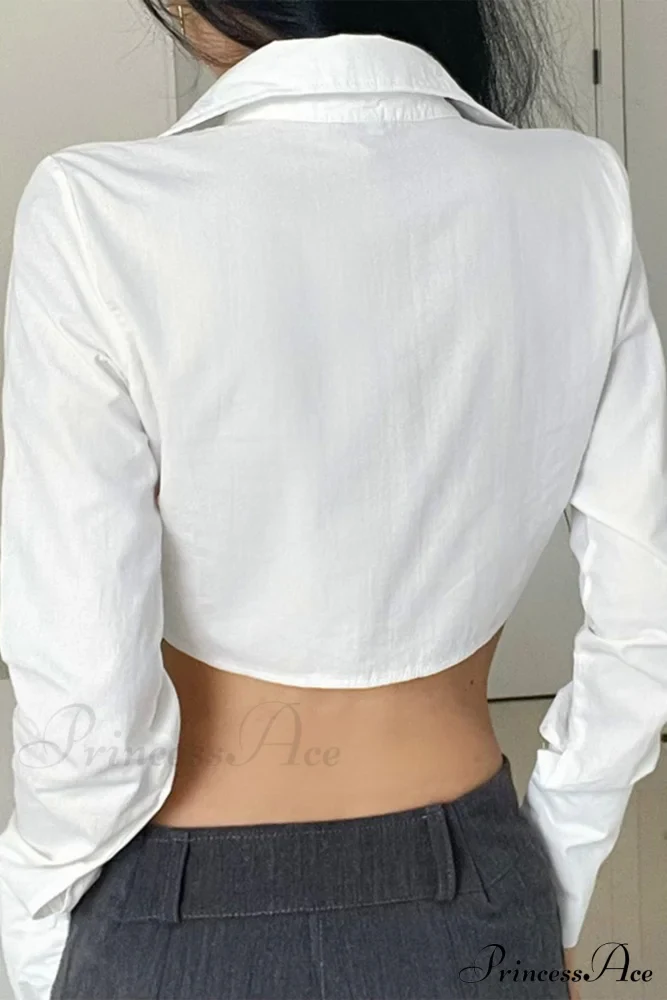 Long Button-Up Cropped Blouse Arm with White Lapel - Image 6